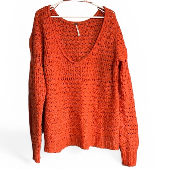 Free People Bright Orange Open-Knit Scoop Neck Sweater - Picture 2 of 7